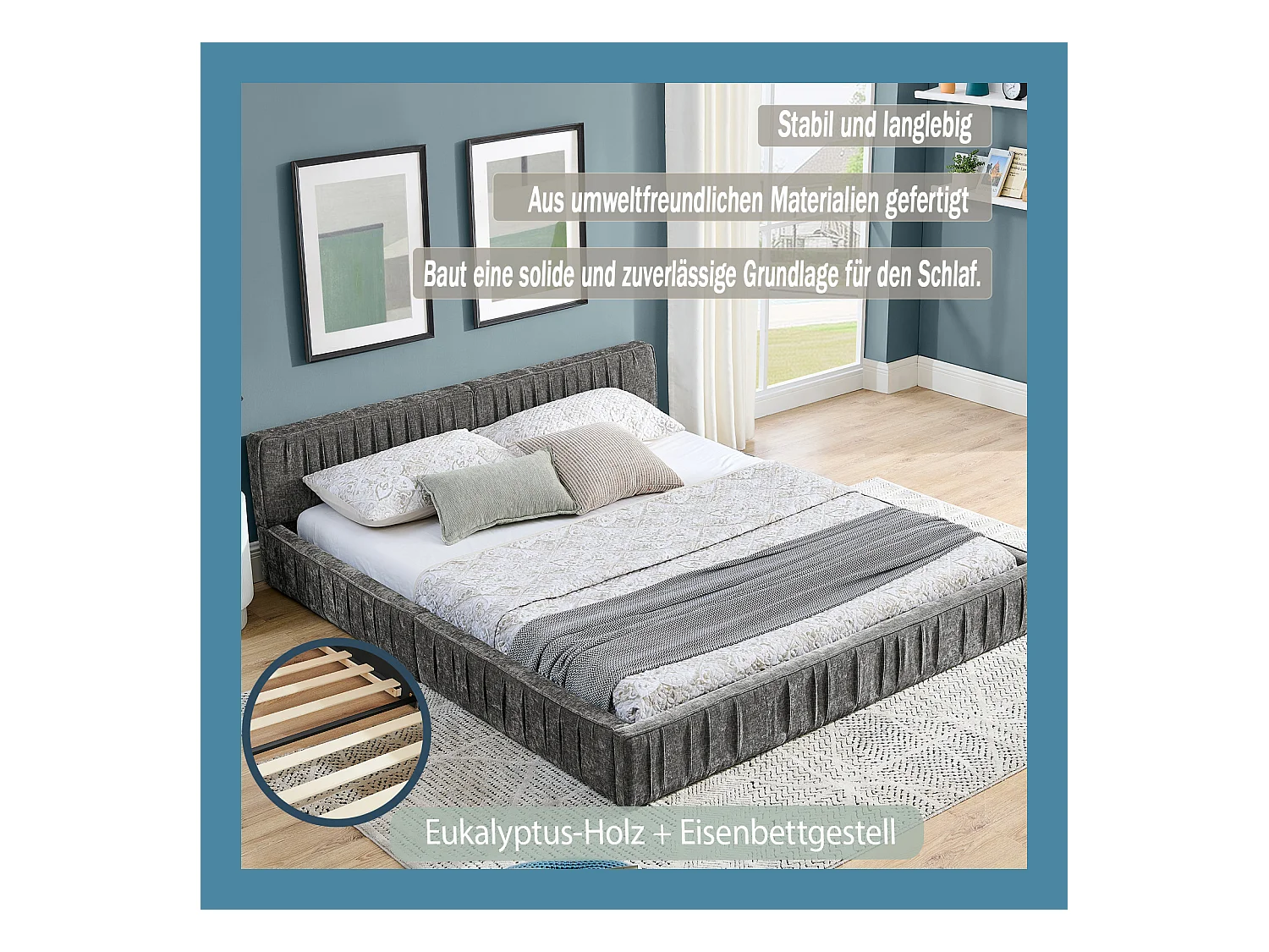 Donkergrijs tweepersoonsbed 160x200cm, lattenbodem, chenillestof (zonder matras)