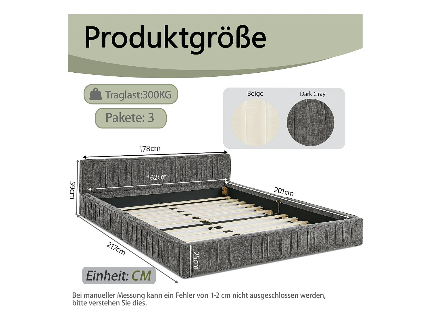 Donkergrijs tweepersoonsbed 160x200cm, lattenbodem, chenillestof (zonder matras)