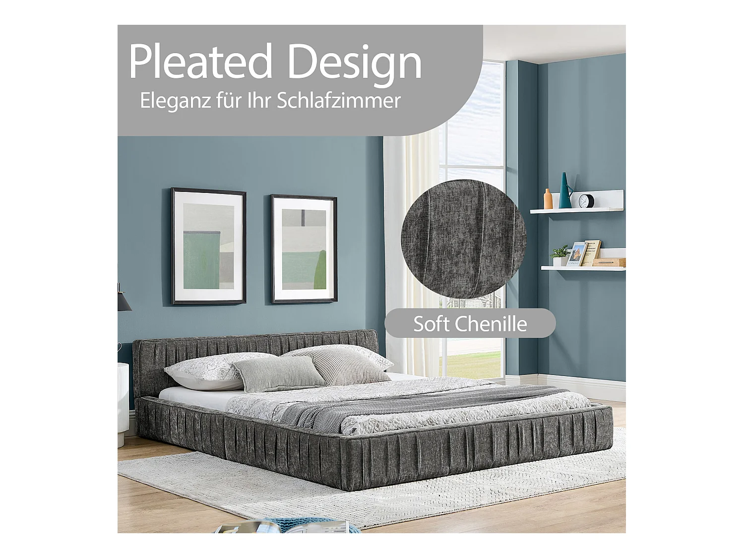 Donkergrijs tweepersoonsbed 160x200cm, lattenbodem, chenillestof (zonder matras)