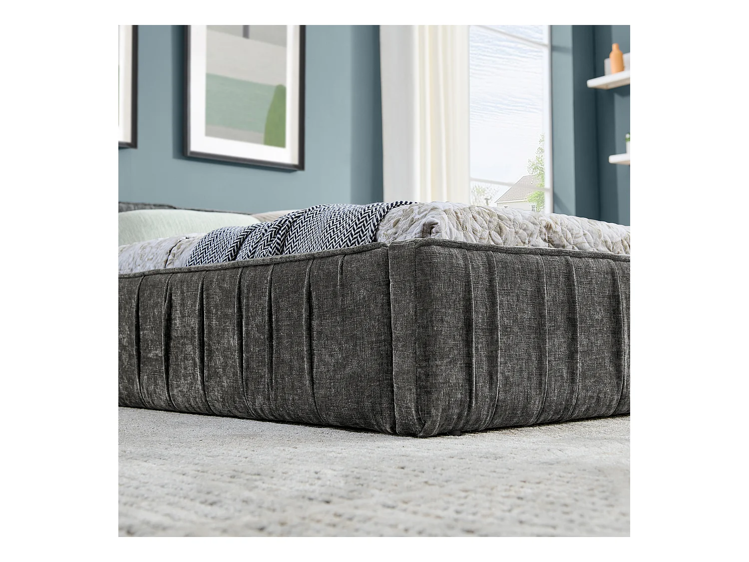 Donkergrijs tweepersoonsbed 160x200cm, lattenbodem, chenillestof (zonder matras)