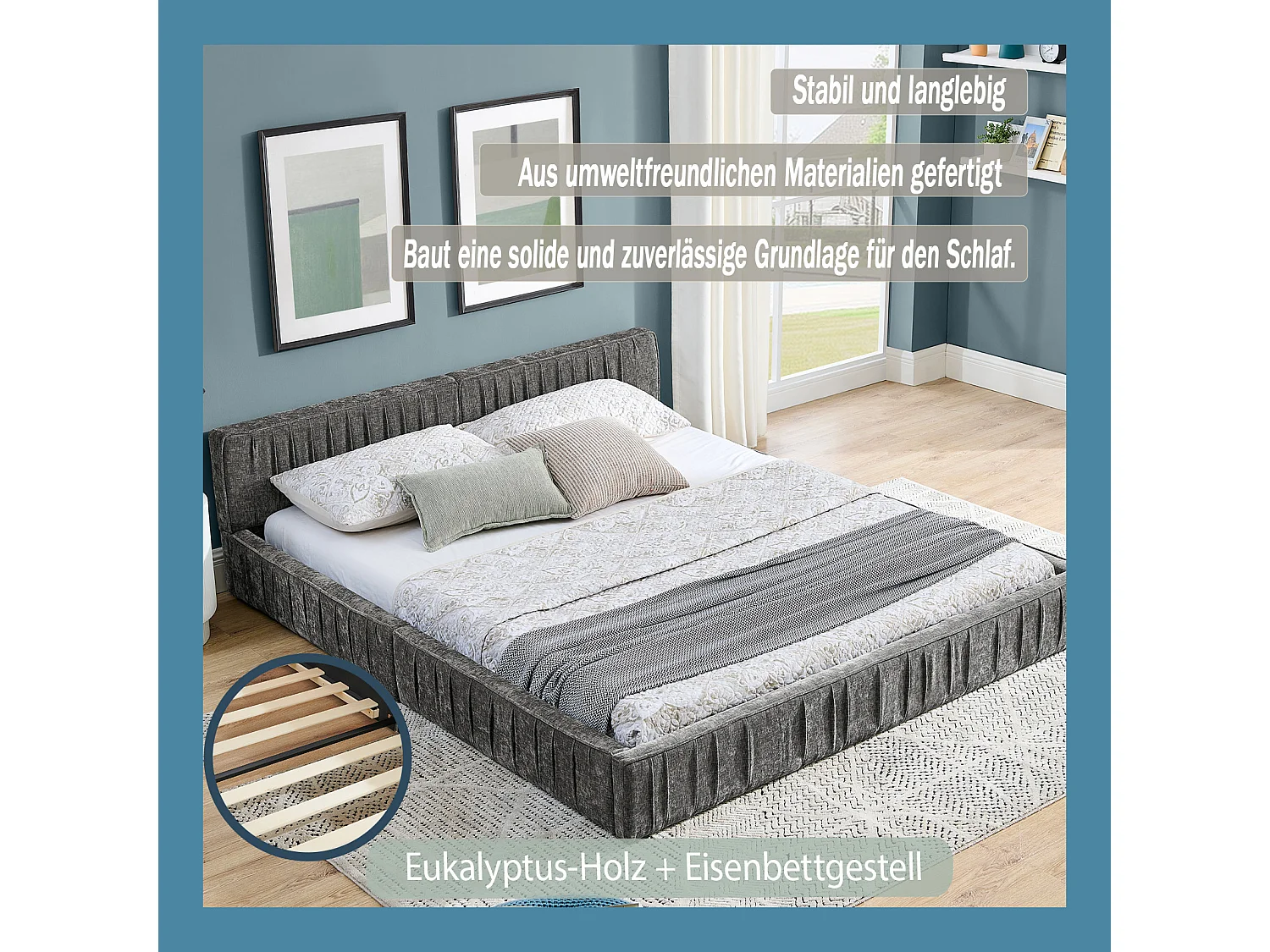 Lit double gris foncé 160x200cm, sommier à lattes, tissu chenille (sans matelas)