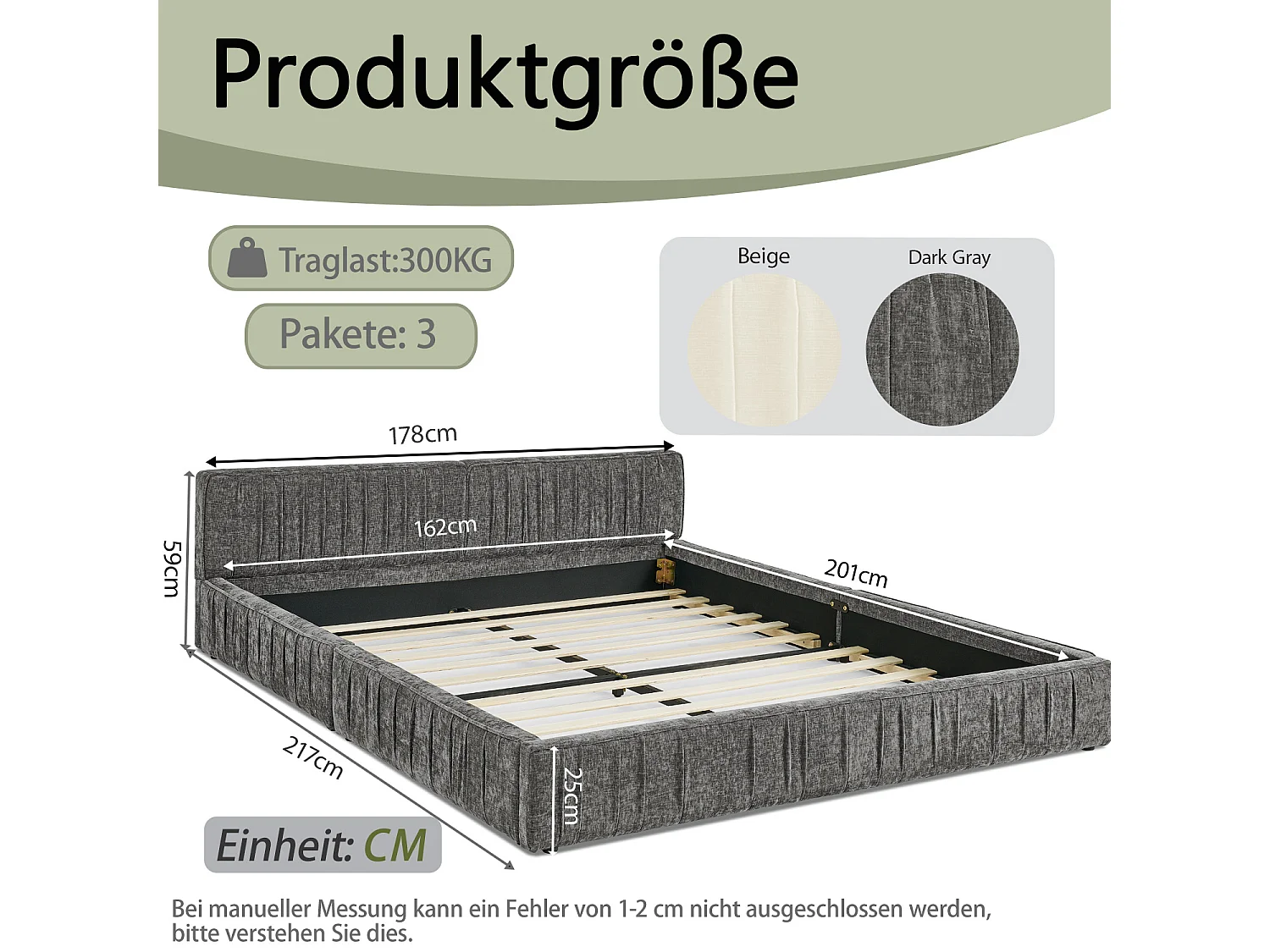 Lit double gris foncé 160x200cm, sommier à lattes, tissu chenille (sans matelas)