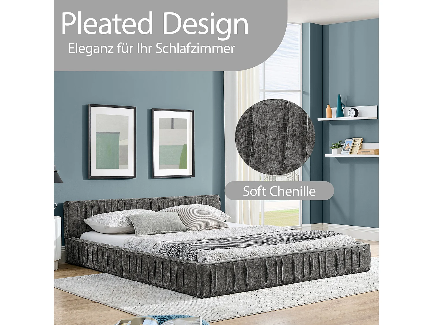 Lit double gris foncé 160x200cm, sommier à lattes, tissu chenille (sans matelas)