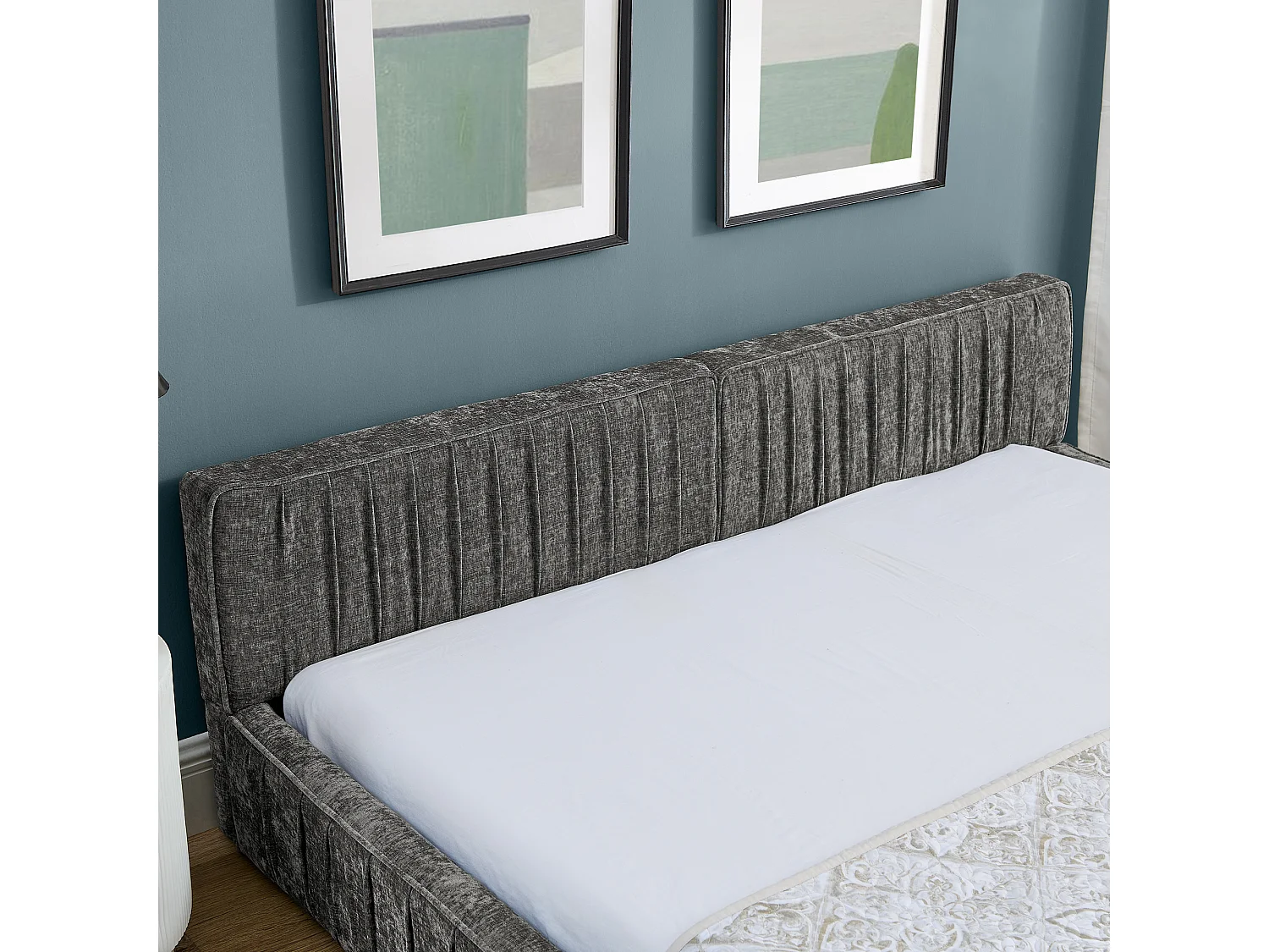 Lit double gris foncé 160x200cm, sommier à lattes, tissu chenille (sans matelas)