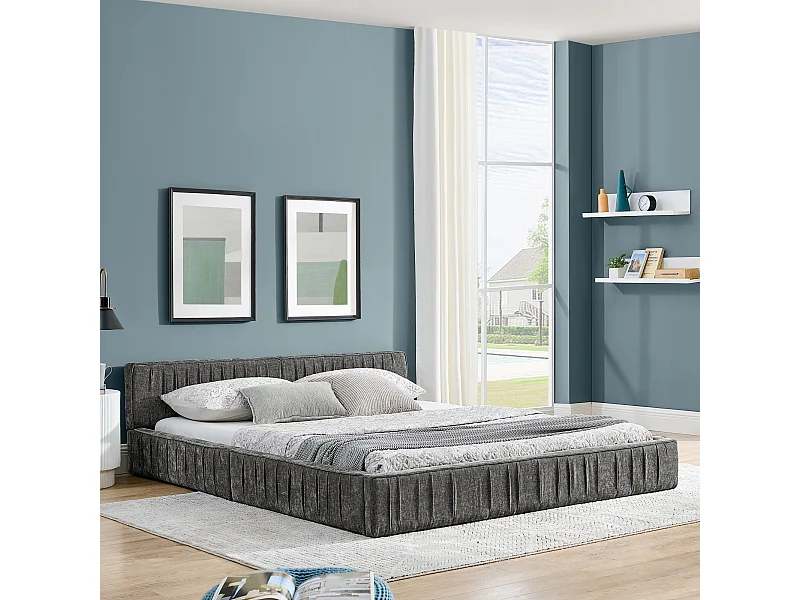 Donkergrijs tweepersoonsbed 160x200cm, lattenbodem, chenillestof (zonder matras)