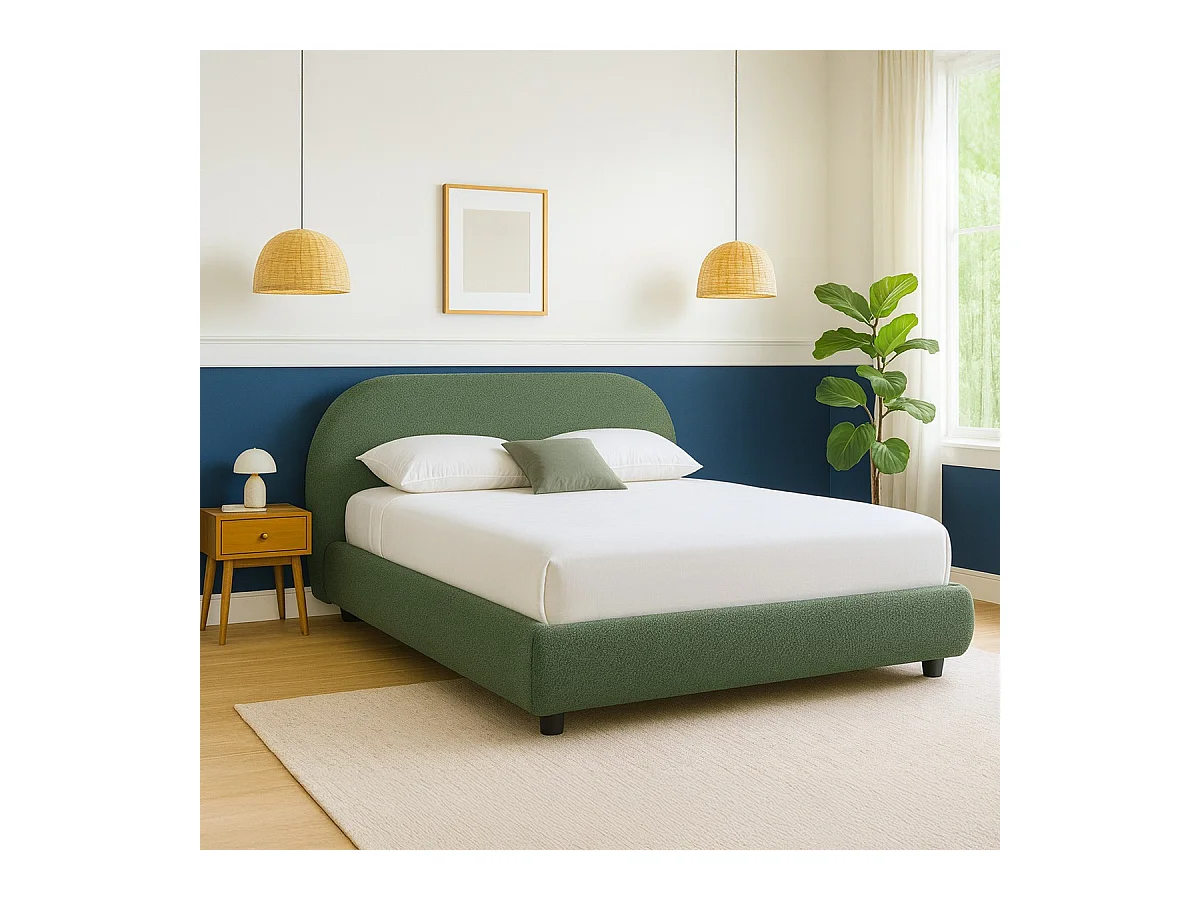 Lit adulte 160x200 cm avec sommier et tête de lit matelassée en tissu bouclé vert kaki - Maddie