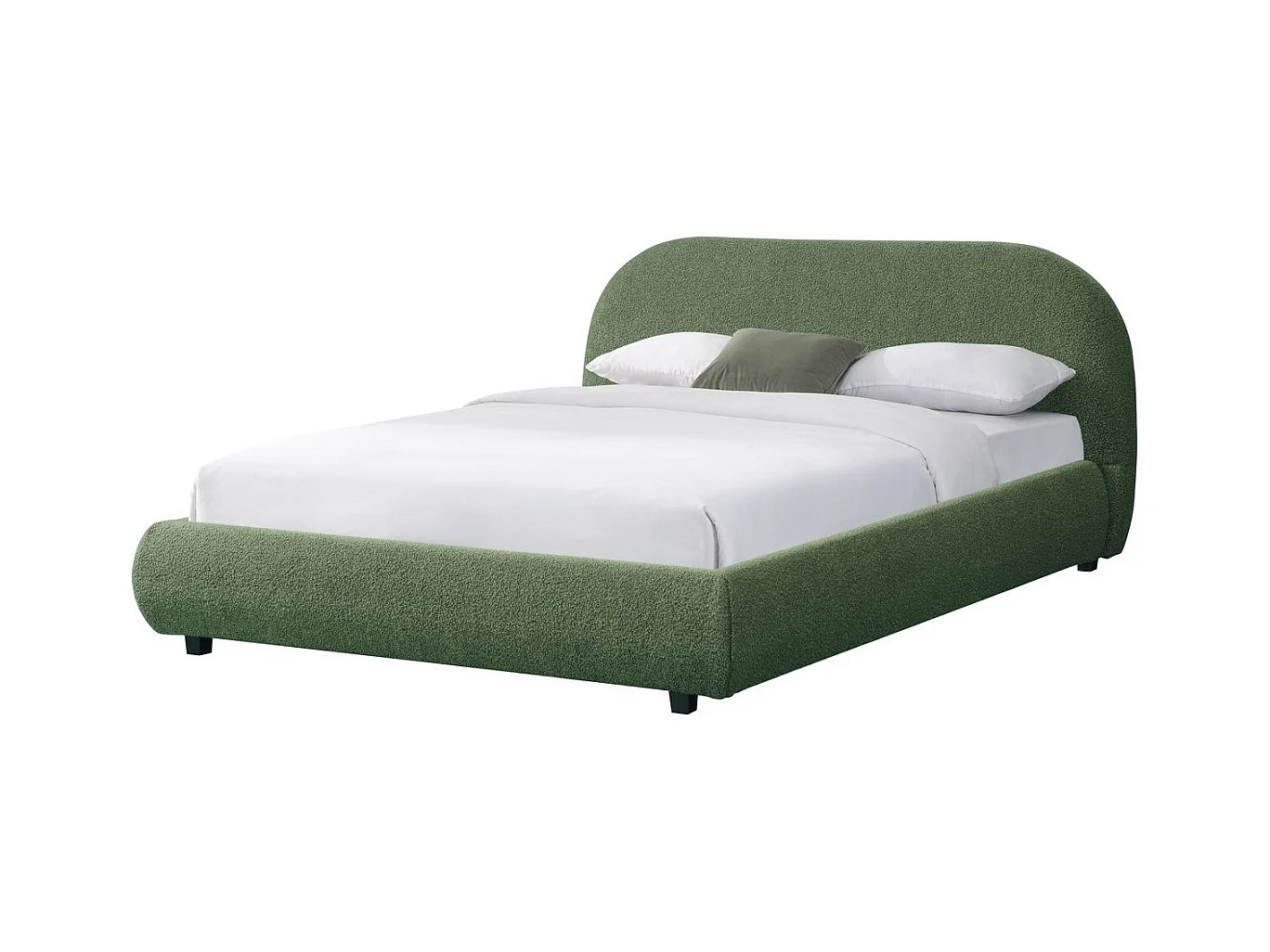 Lit adulte 160x200 cm avec sommier et tête de lit matelassée en tissu bouclé vert kaki - Maddie