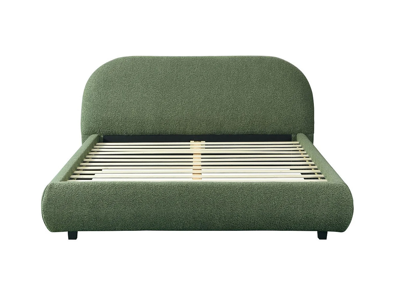 Lit adulte 160x200 cm avec sommier et tête de lit matelassée en tissu bouclé vert kaki - Maddie