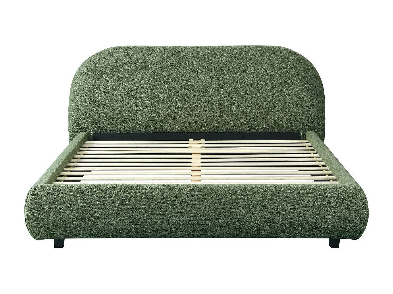 Lit adulte 160x200 cm avec sommier et tête de lit matelassée en tissu bouclé vert kaki - Maddie