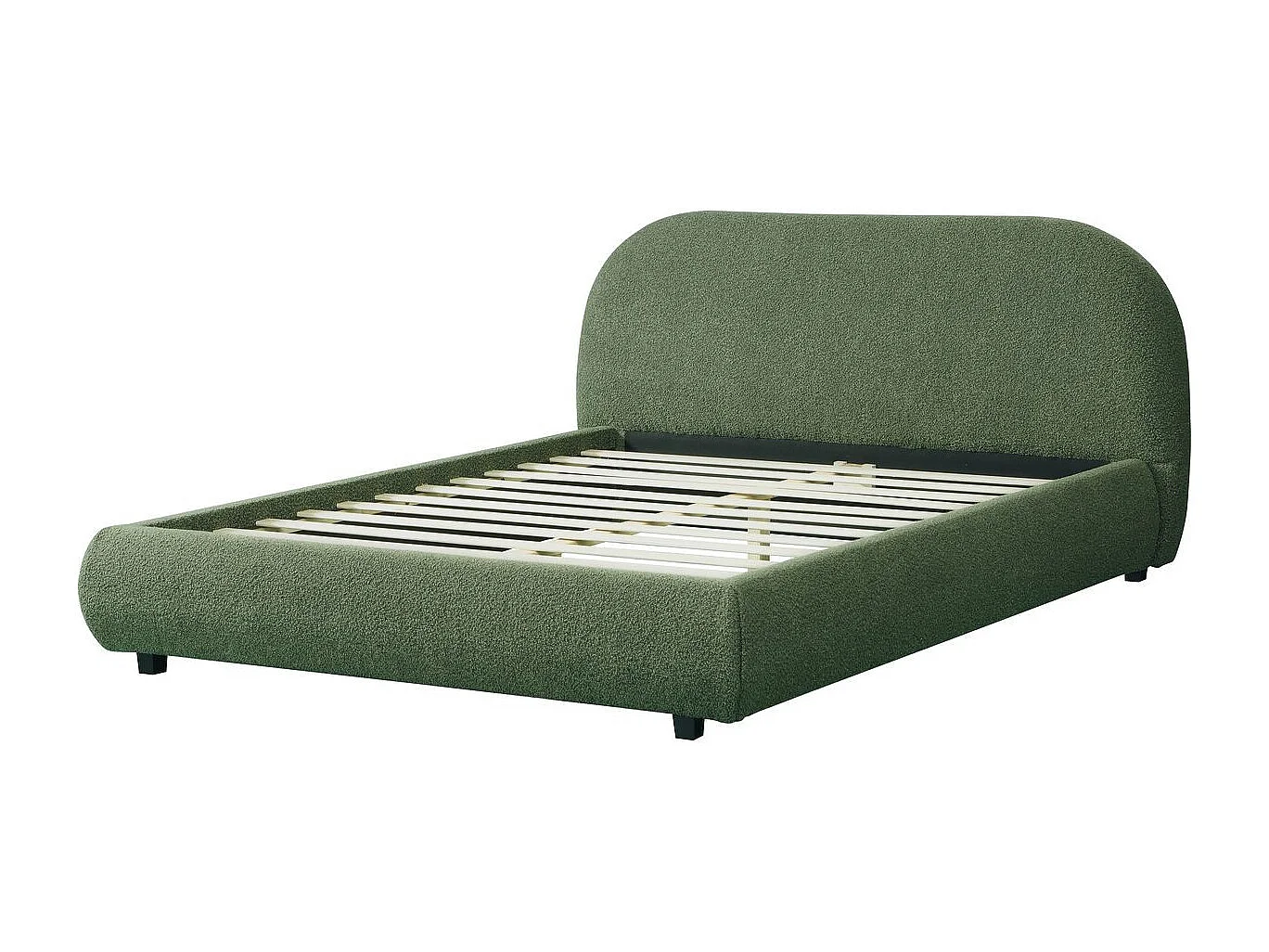 Lit adulte 160x200 cm avec sommier et tête de lit matelassée en tissu bouclé vert kaki - Maddie