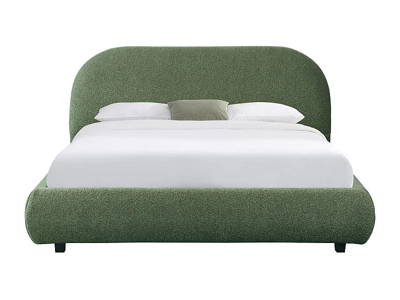 Lit adulte 160x200 cm avec sommier et tête de lit matelassée en tissu bouclé vert kaki - Maddie