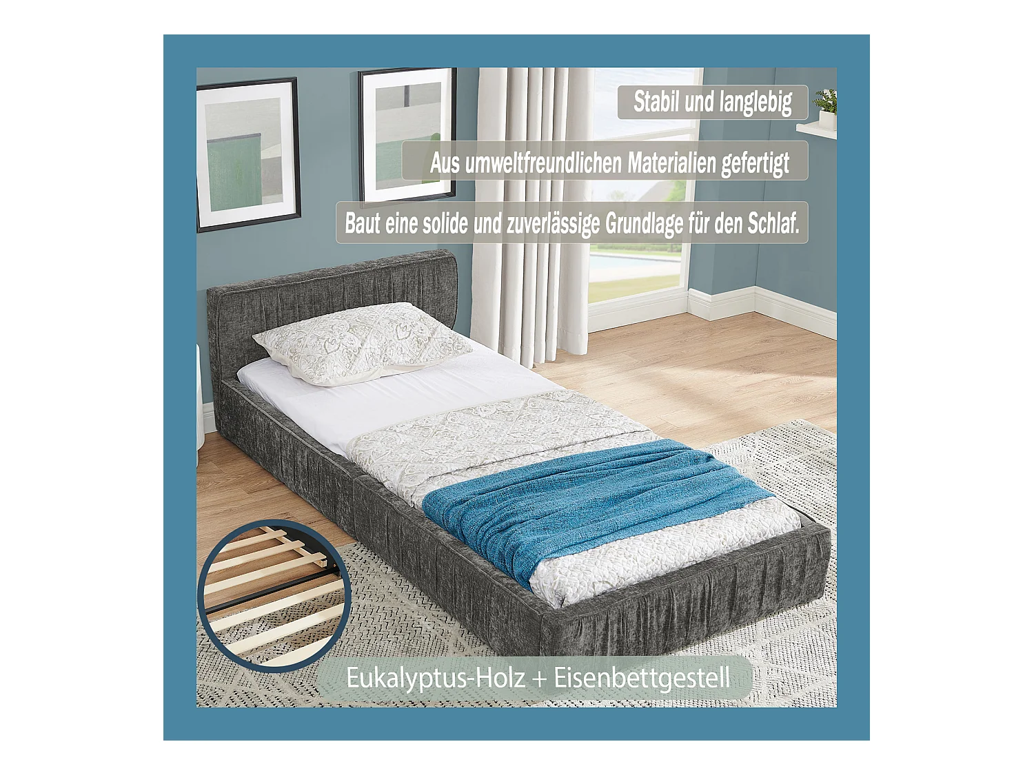 Donkergrijs eenpersoonsbed 90x200cm, lattenbodem, chenille stof (zonder matras)