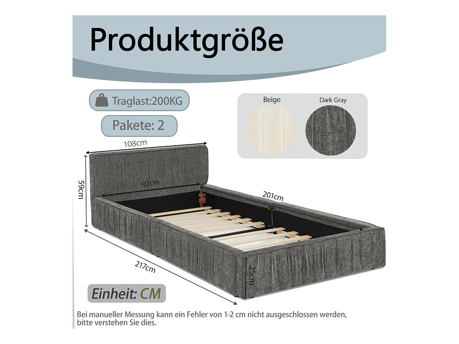 Donkergrijs eenpersoonsbed 90x200cm, lattenbodem, chenille stof (zonder matras)