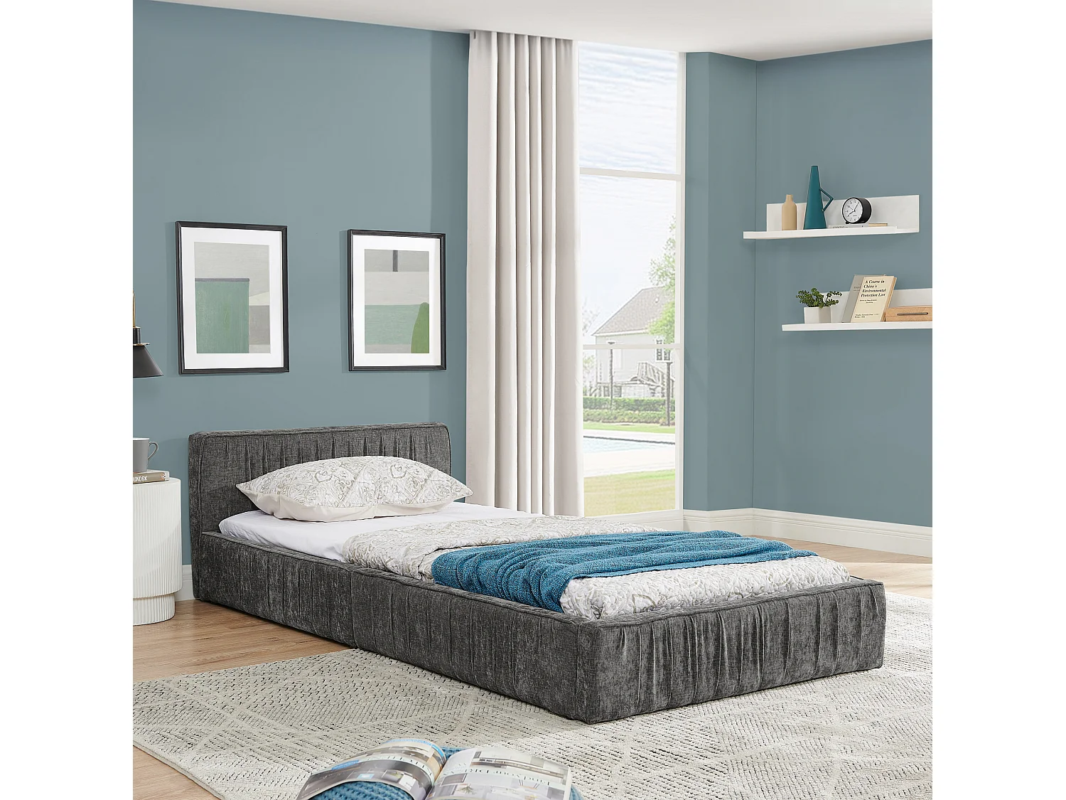 Lit simple gris foncé 90x200cm, sommier à lattes, tissu chenille (sans matelas)