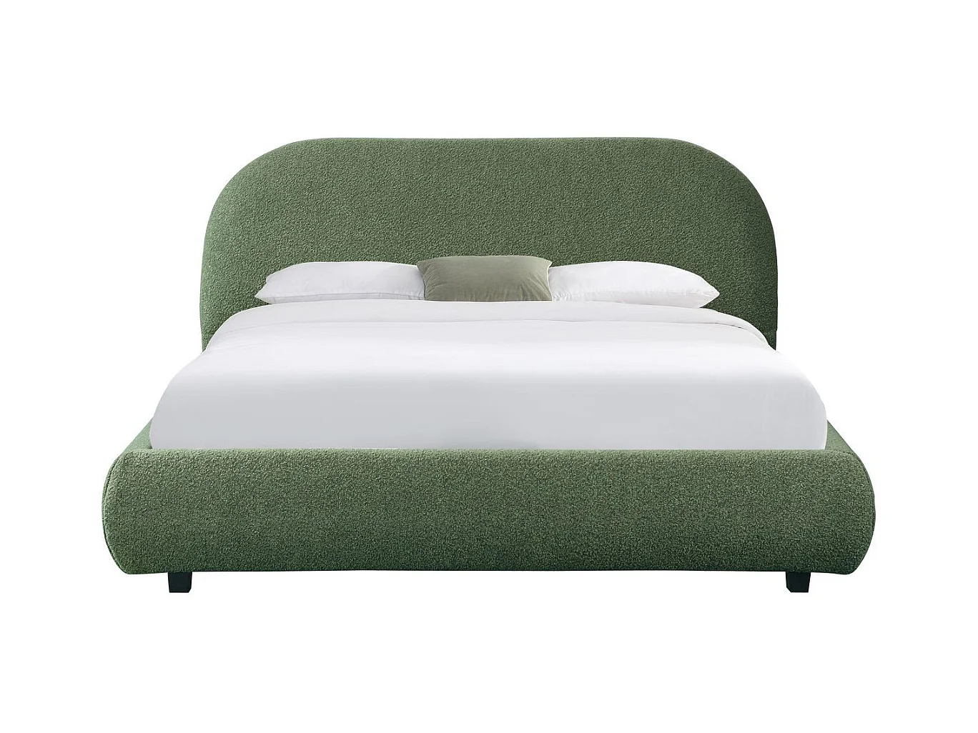 Lit adulte 140x190 cm avec sommier et tête de lit matelassée en tissu bouclé vert kaki - Maddie