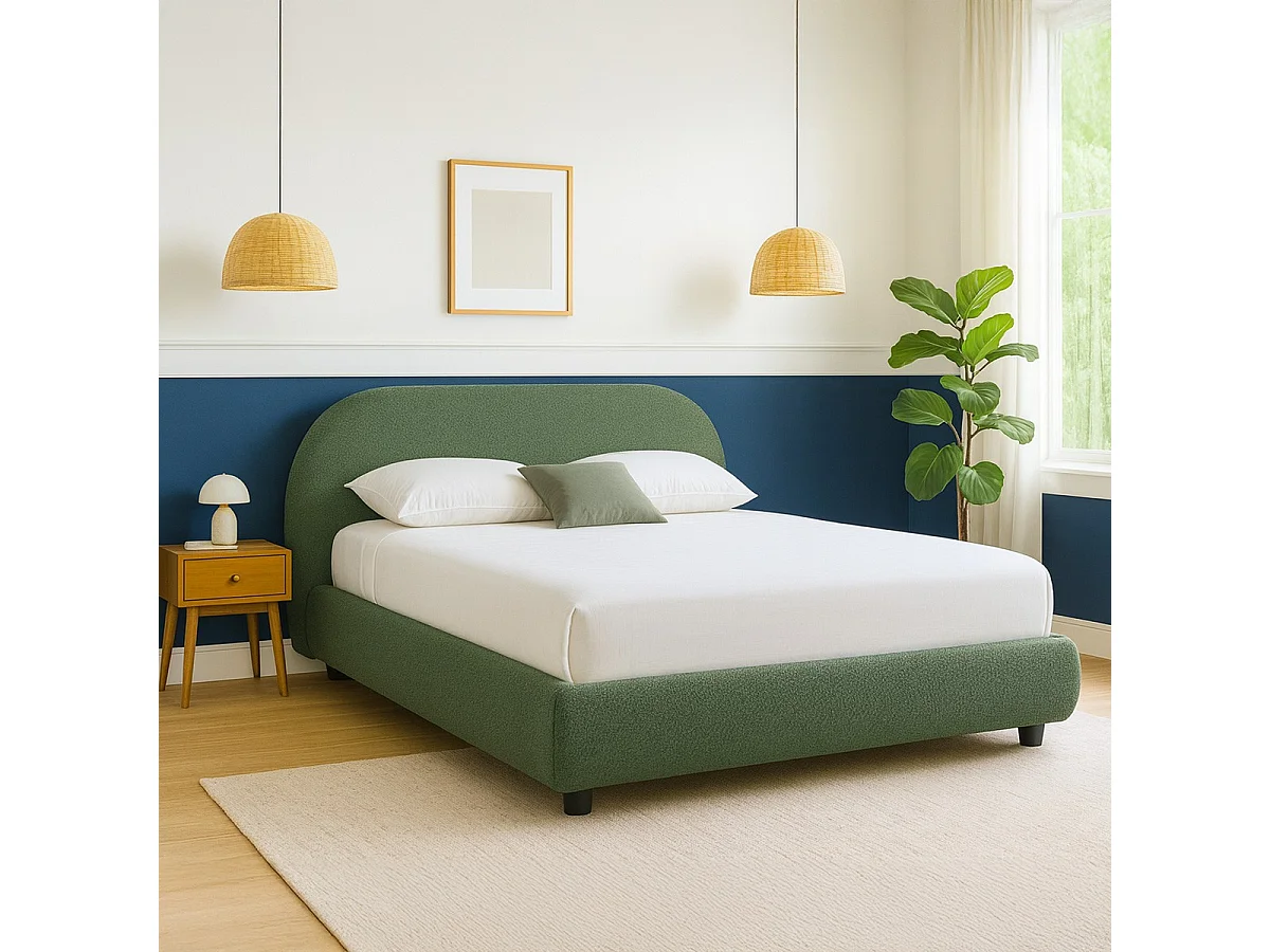 Lit adulte 140x190 cm avec sommier et tête de lit matelassée en tissu bouclé vert kaki - Maddie