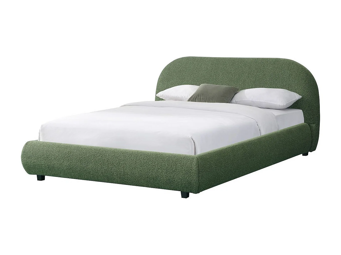 Lit adulte 140x190 cm avec sommier et tête de lit matelassée en tissu bouclé vert kaki - Maddie
