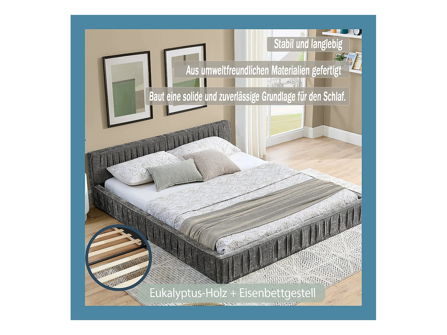 Donkergrijs tweepersoonsbed 140x200cm, lattenbodem, chenillestof (zonder matras)