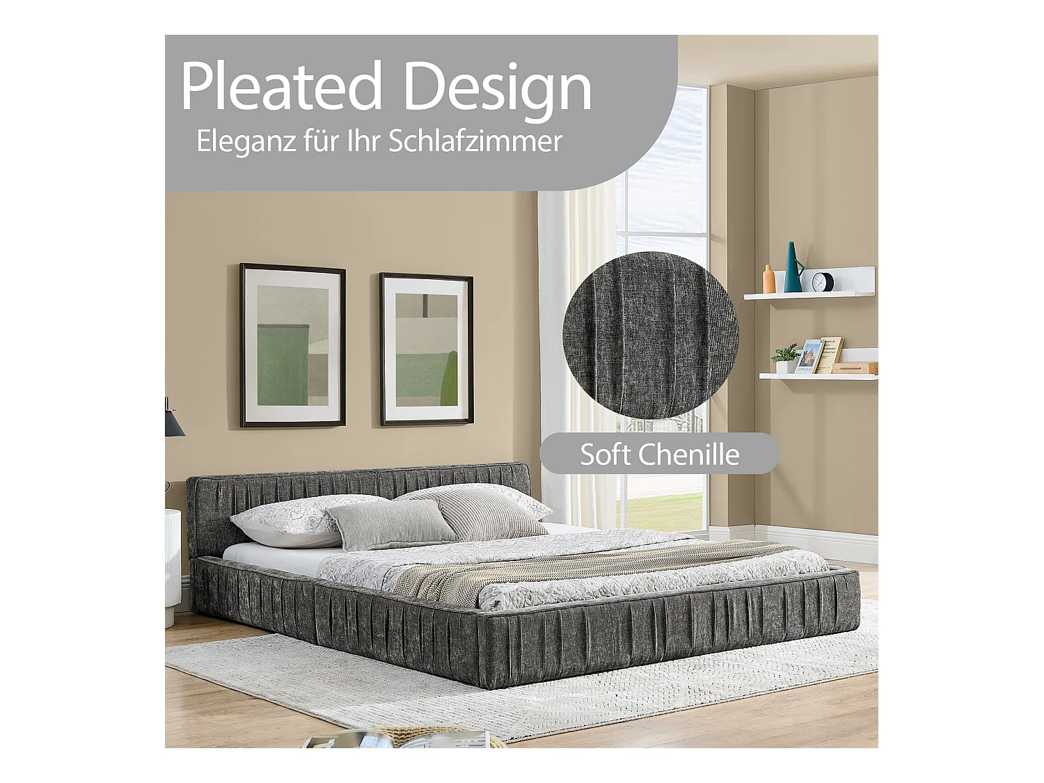 Donkergrijs tweepersoonsbed 140x200cm, lattenbodem, chenillestof (zonder matras)