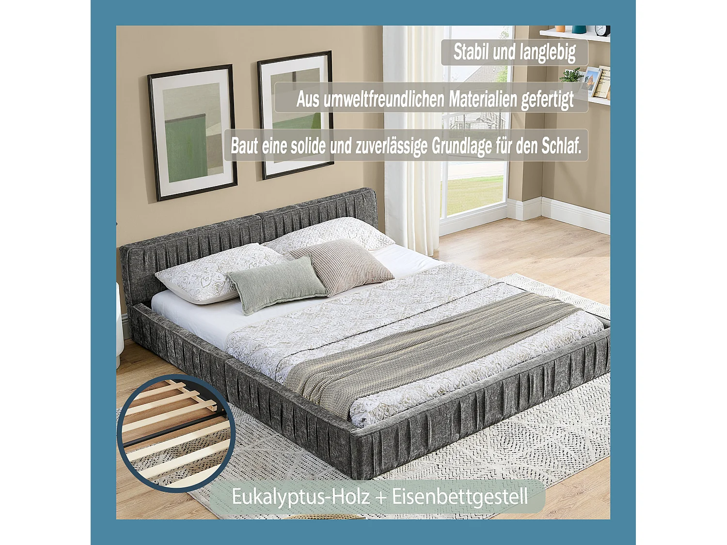 Lit double gris foncé 140x200cm, sommier à lattes, tissu chenille (sans matelas)