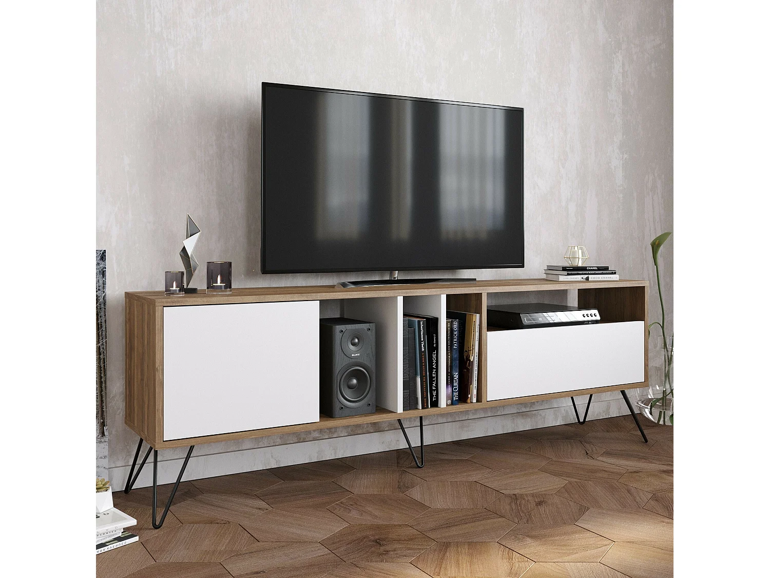 Mobile porta TV Kailua 1276, Noce|Bianco, 180x39x36cm