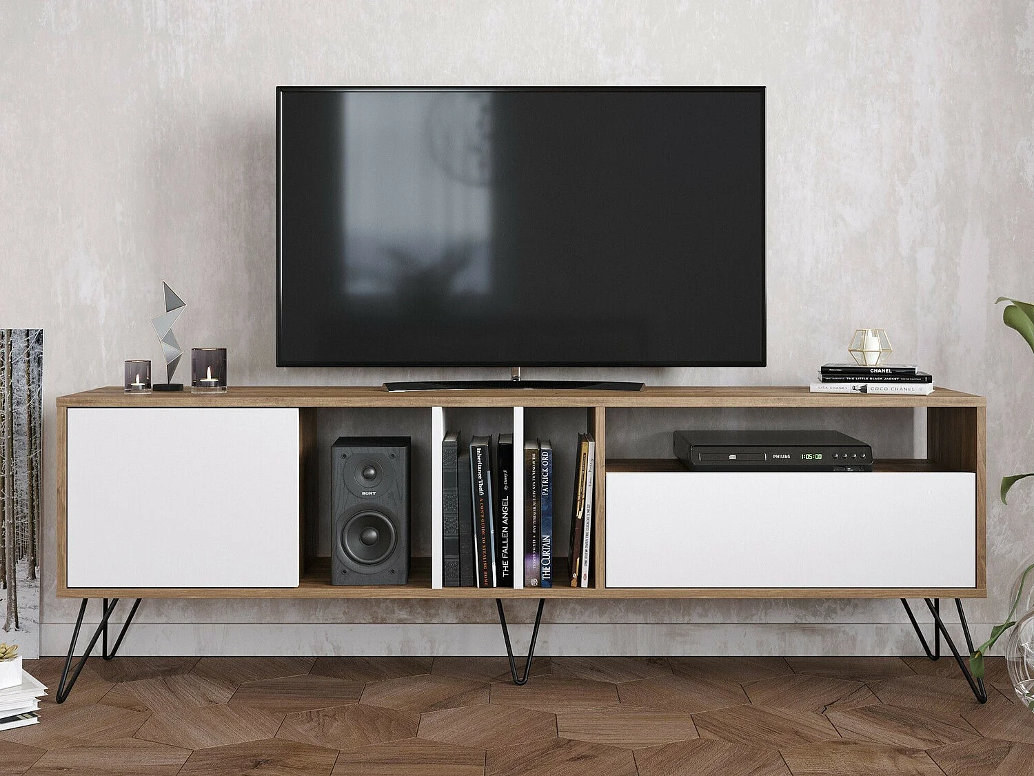 Mobile porta TV Kailua 1276, Noce|Bianco, 180x39x36cm