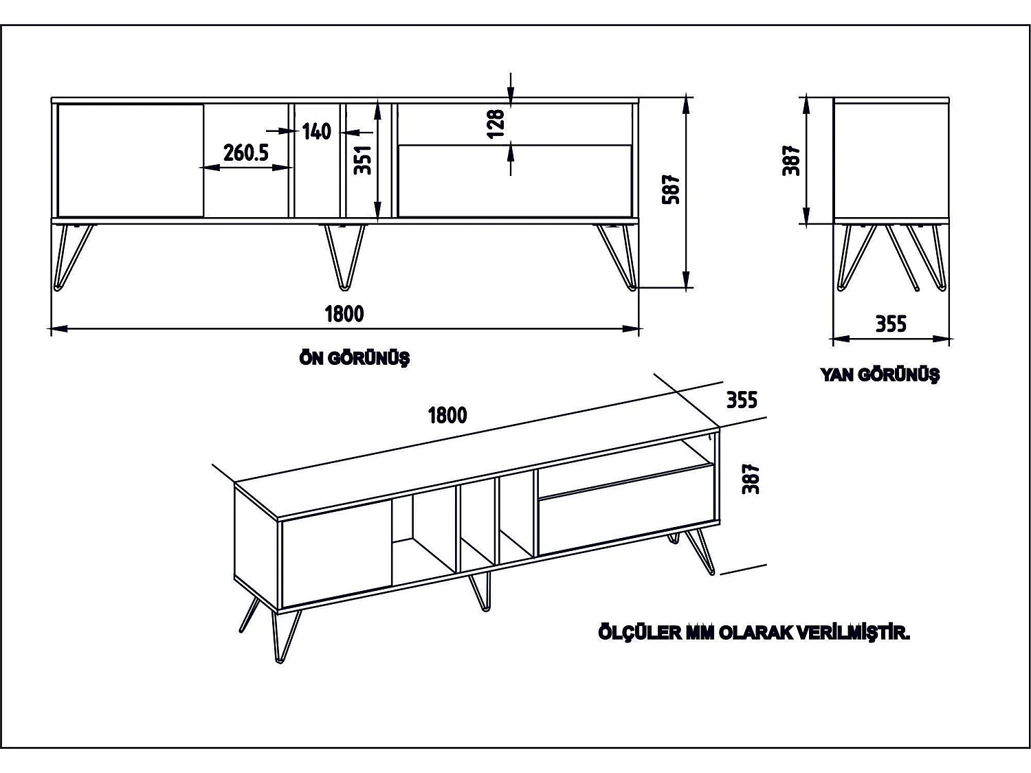 Mobile porta TV Kailua 1276, Noce|Bianco, 180x39x36cm