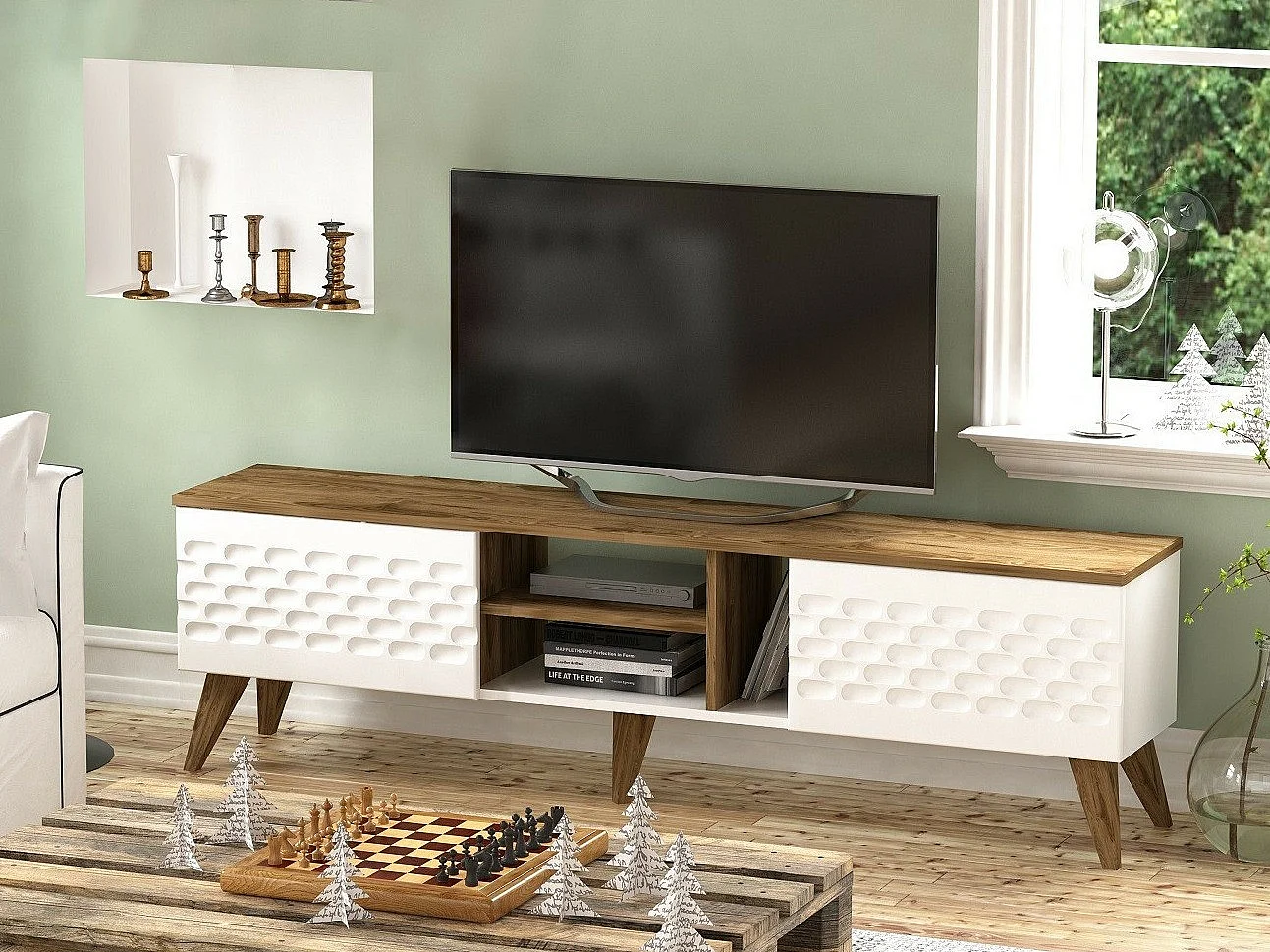 Mesa de tv Kailua 1448, Nogal|Blanco, 180x53x35cm