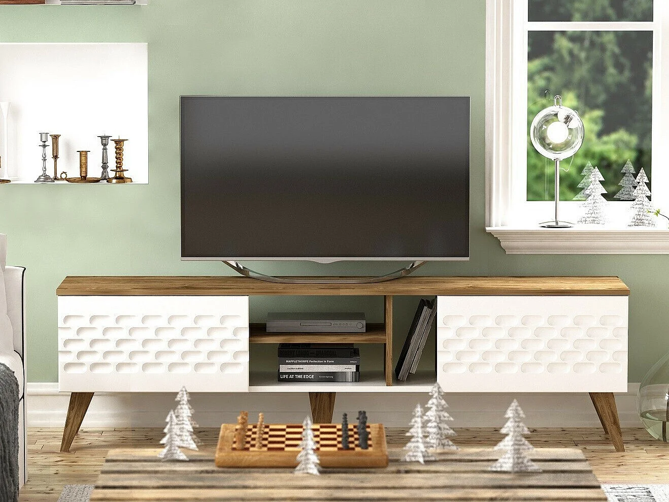 Mesa de tv Kailua 1448, Nogal|Blanco, 180x53x35cm