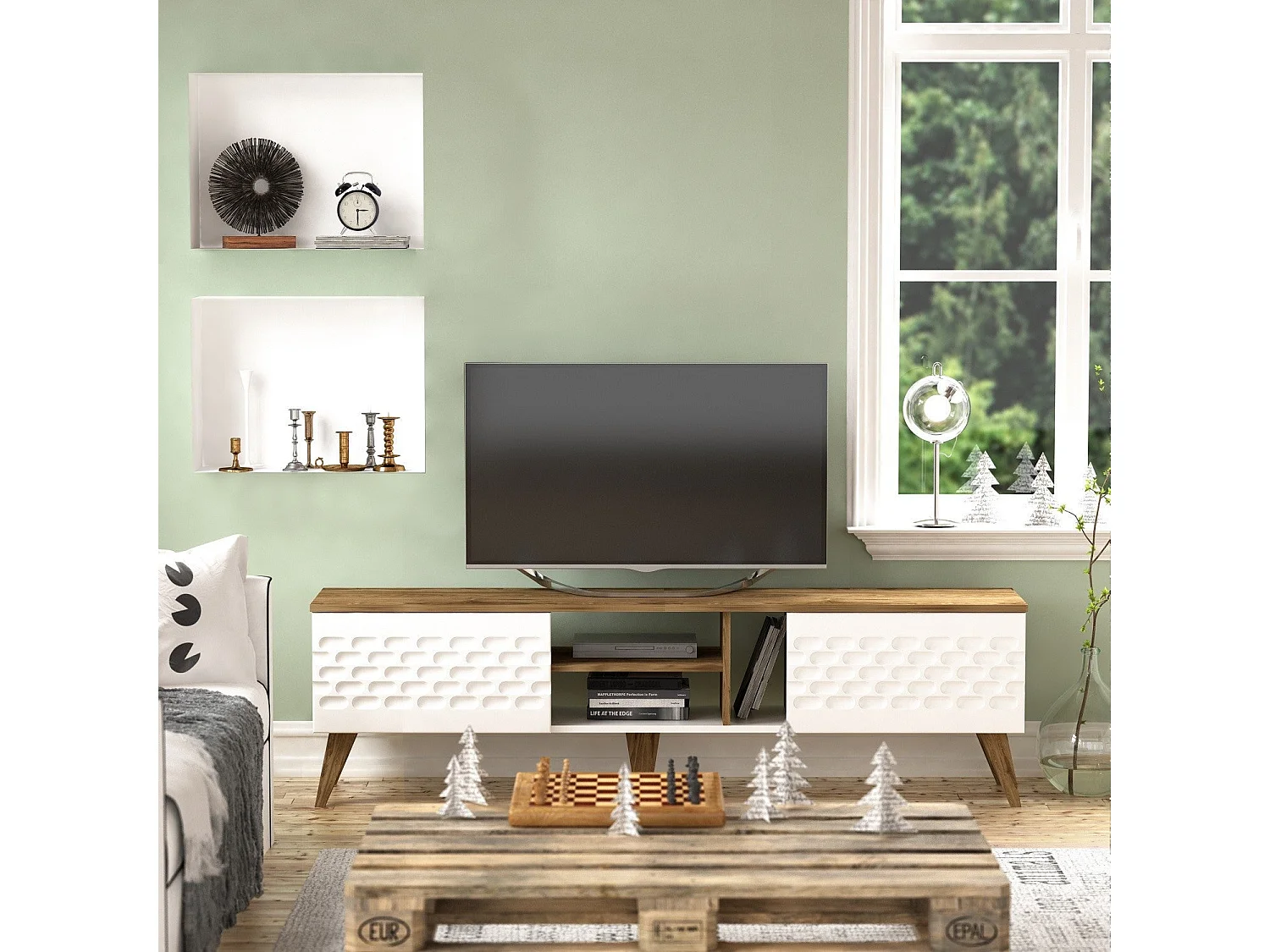 Mesa de tv Kailua 1448, Nogal|Blanco, 180x53x35cm