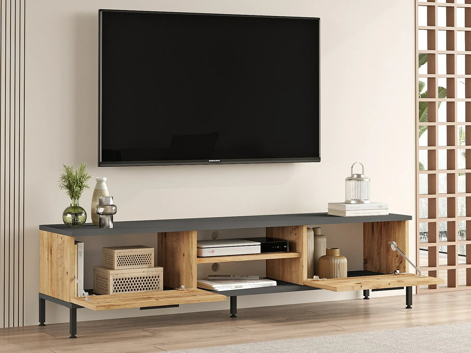 Mesa de tv Kailua 835, Antracita|Pino, Número de puertas: 2.00, 160x39x35cm