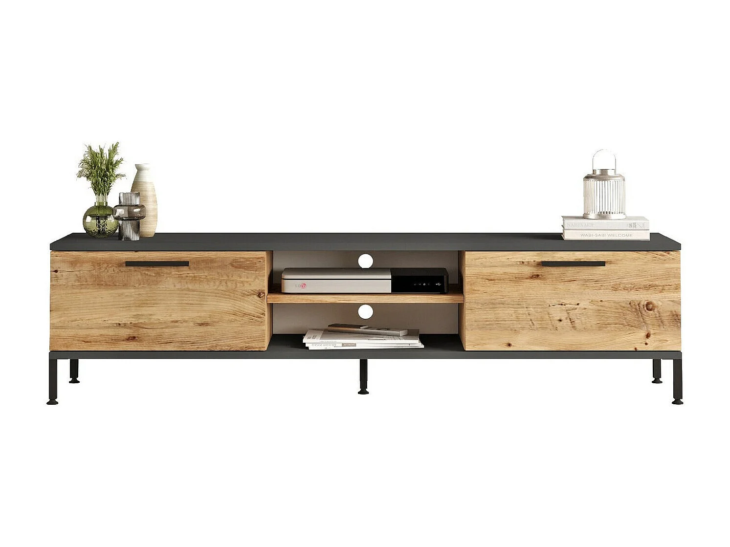 Mesa de tv Kailua 835, Antracita|Pino, Número de puertas: 2.00, 160x39x35cm