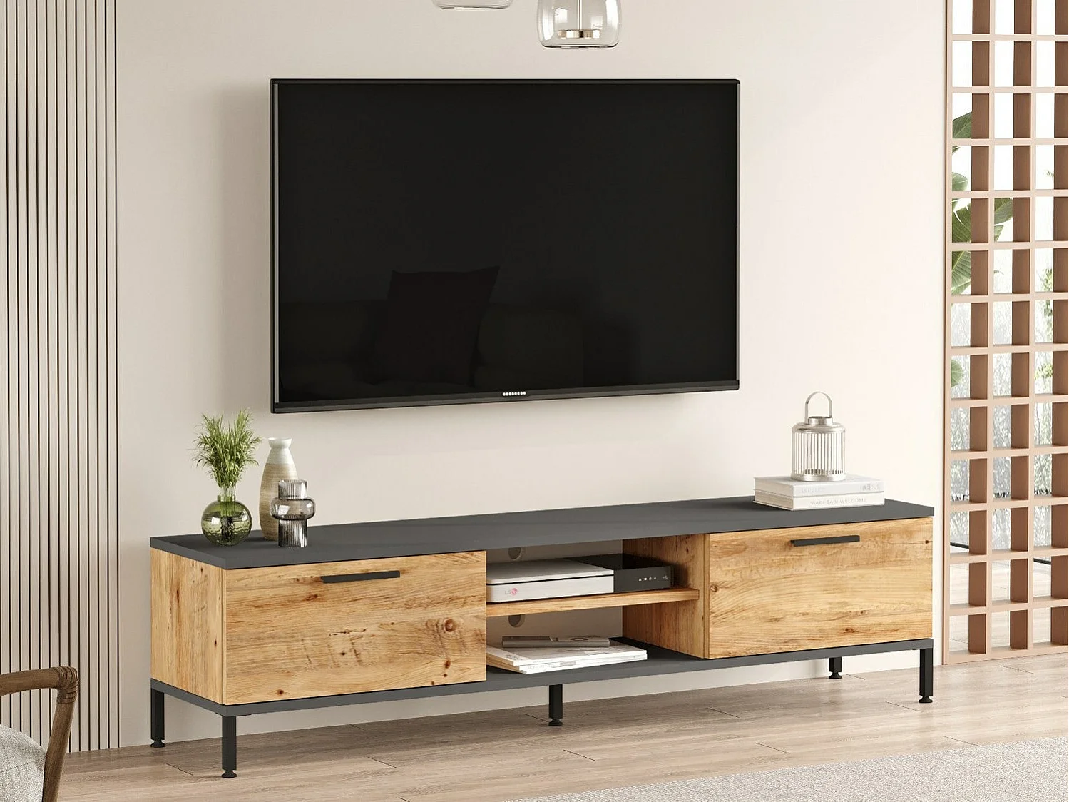 TV-Ständer – 160 x 39,1 x 35 cm – Atlantische Kiefer und Anthrazit – Melaminbeschichtete Spanplatte