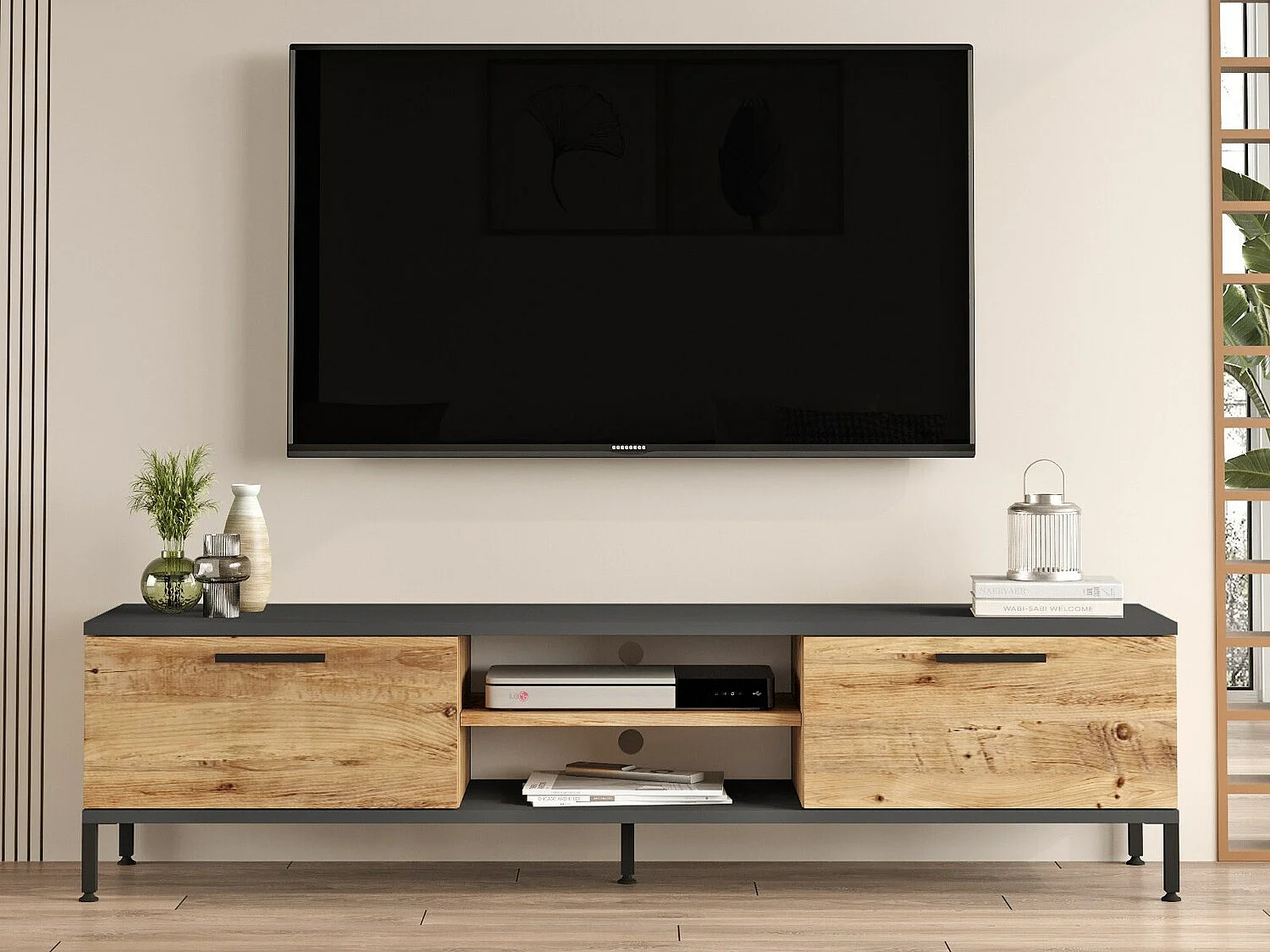 TV-Ständer – 160 x 39,1 x 35 cm – Atlantische Kiefer und Anthrazit – Melaminbeschichtete Spanplatte