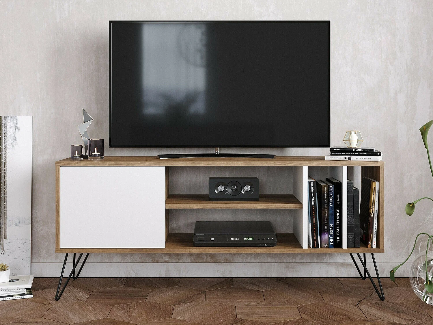 Mobile porta TV Kailua 1275, Noce|Bianco, 140x59x36cm