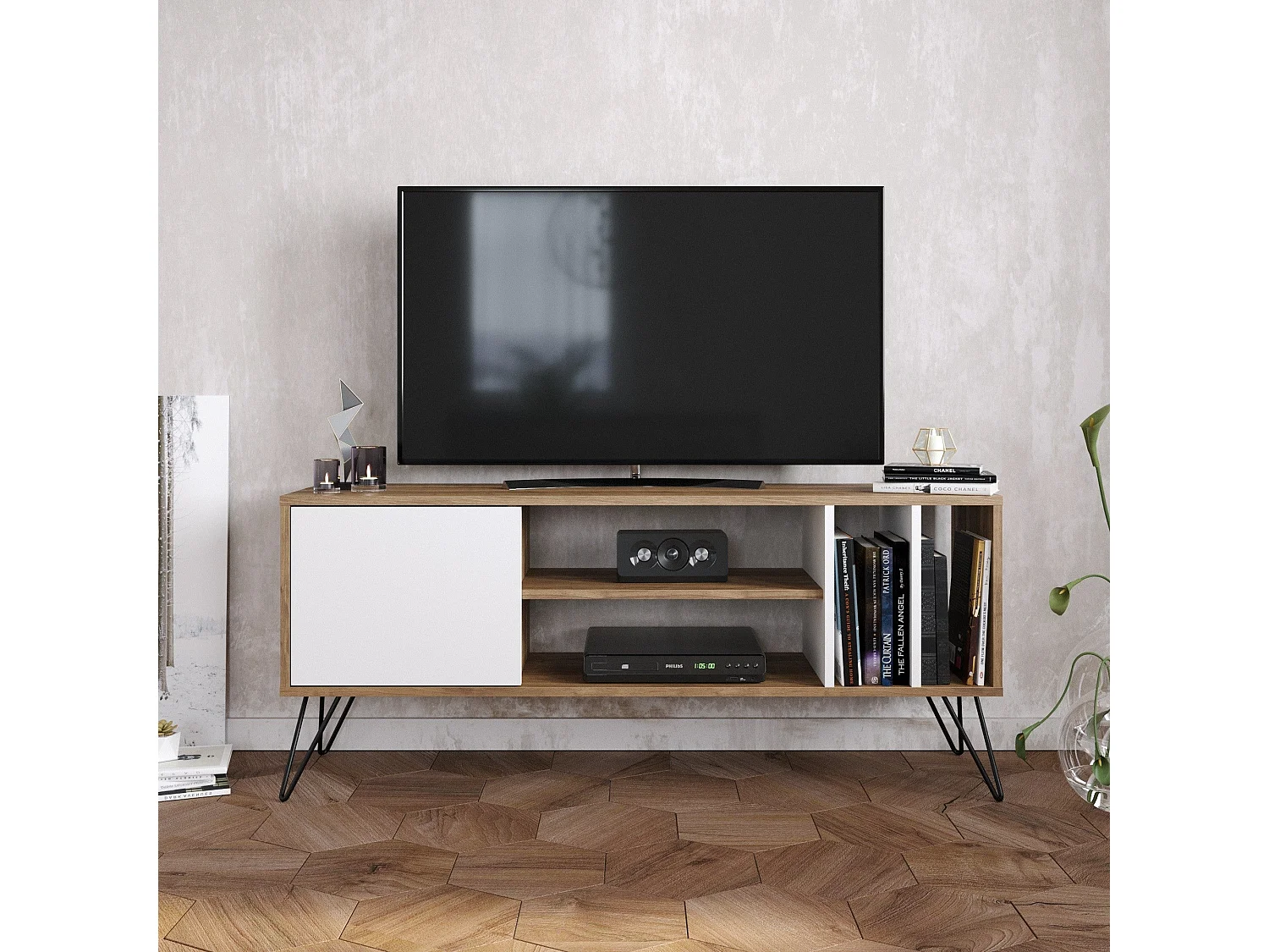 Mobile porta TV Kailua 1275, Noce|Bianco, 140x59x36cm