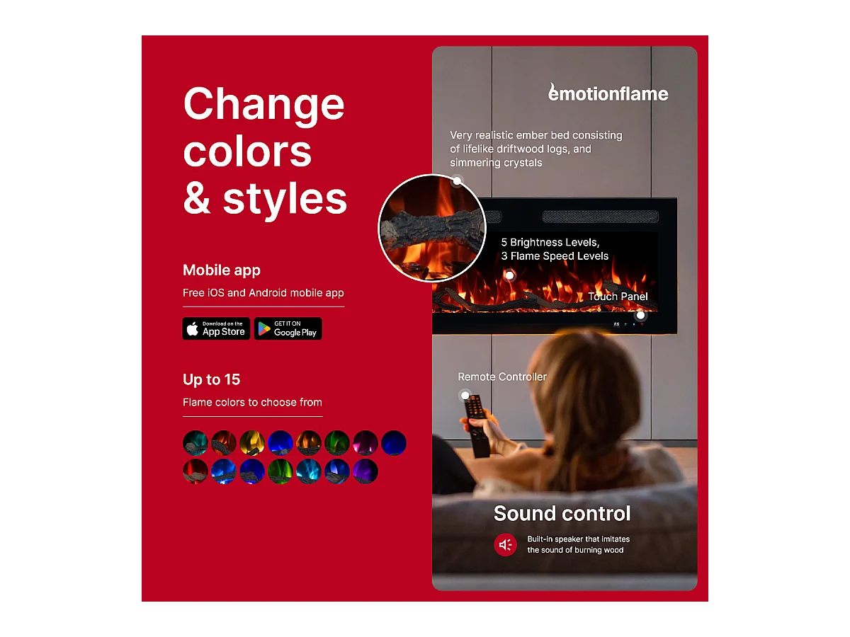 Elektrische haard MONARCH 107 - premium vlam - voor wand en inbouw - 107x13x35 cm - LED-haard met verwarming 900/1800 W