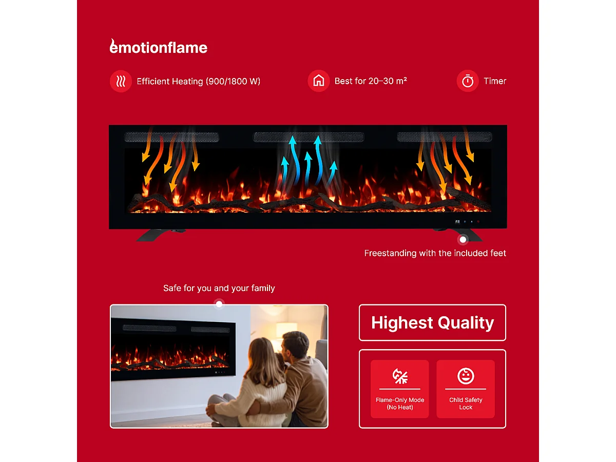 Elektrische haard MONARCH 107 - premium vlam - voor wand en inbouw - 107x13x35 cm - LED-haard met verwarming 900/1800 W