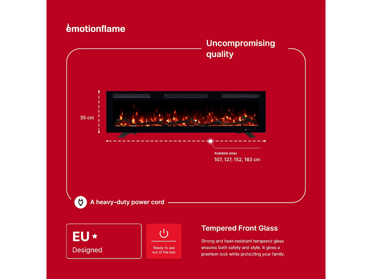 Cheminée électrique MONARCH 107 - feu premium - murale et encastrable - 107x13x35 cm - cheminée LED décorative avec chauffage 900/1800 W