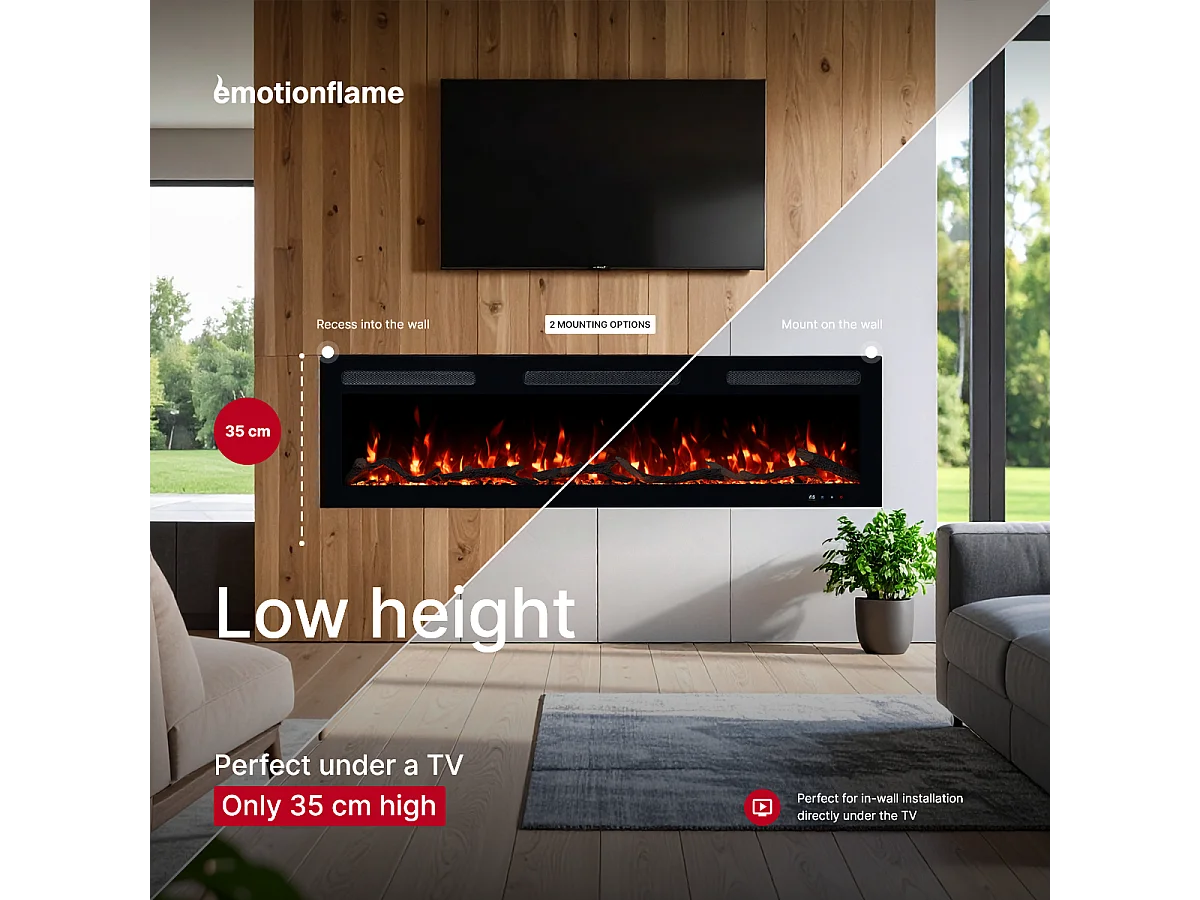 Cheminée électrique MONARCH 107 - feu premium - murale et encastrable - 107x13x35 cm - cheminée LED décorative avec chauffage 900/1800 W