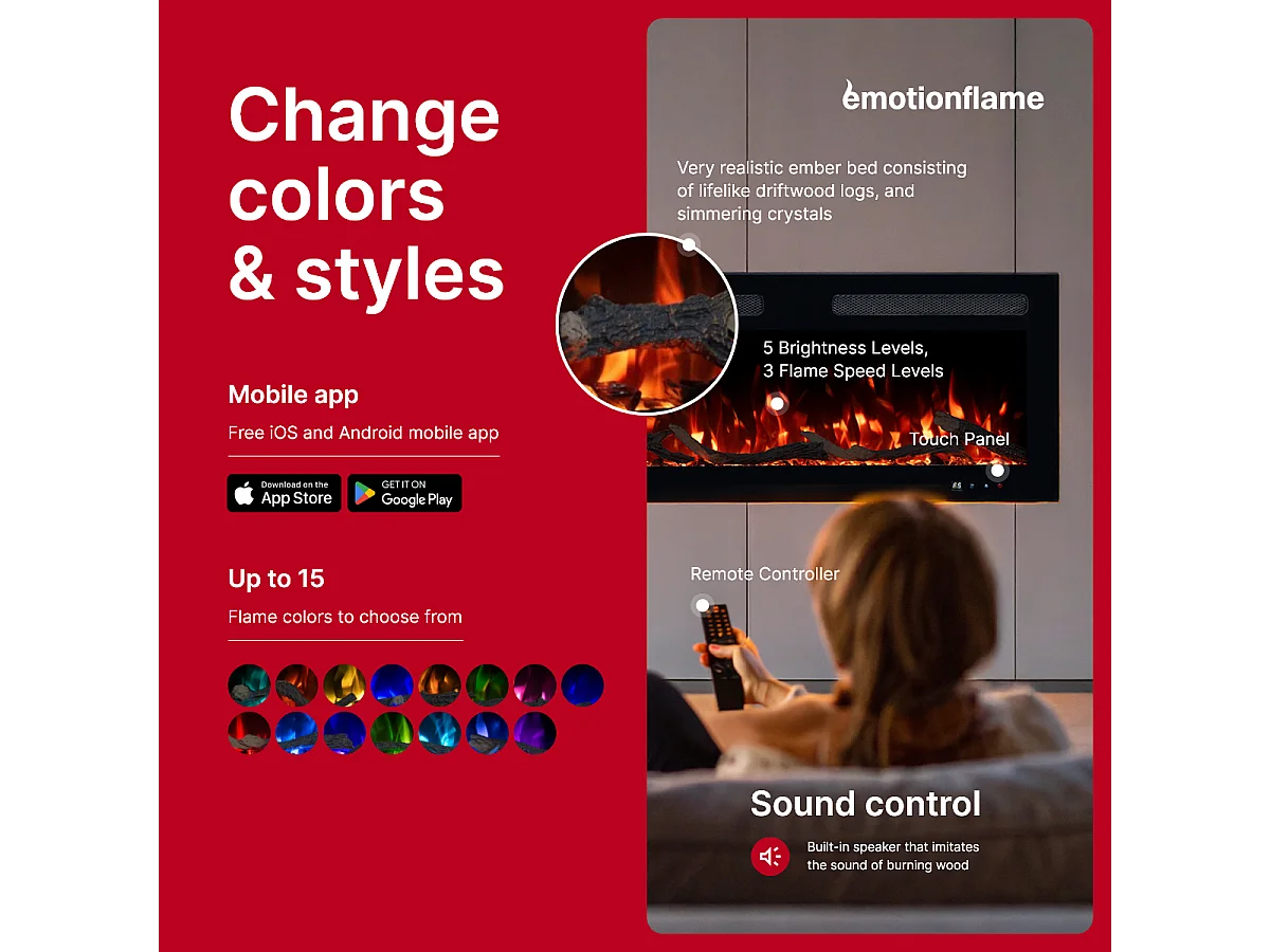 Cheminée électrique MONARCH 107 - feu premium - murale et encastrable - 107x13x35 cm - cheminée LED décorative avec chauffage 900/1800 W