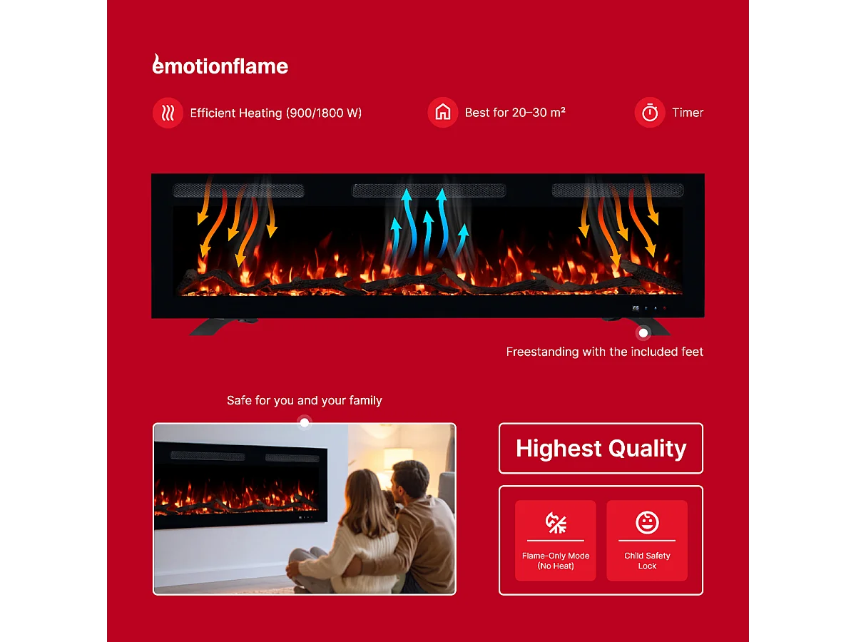 Cheminée électrique MONARCH 107 - feu premium - murale et encastrable - 107x13x35 cm - cheminée LED décorative avec chauffage 900/1800 W