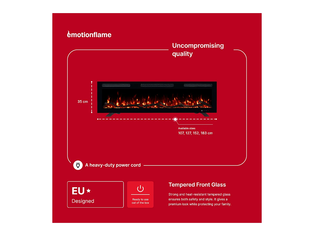 Elektrische haard MONARCH 183 - premium vlam - voor wand en inbouw - 183x13x35 cm - LED-haard met verwarming 900/1800 W