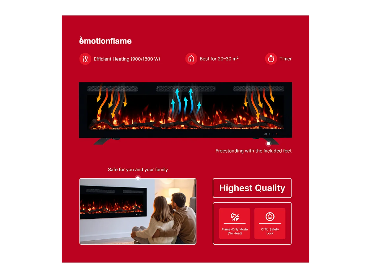 Elektrische haard MONARCH 183 - premium vlam - voor wand en inbouw - 183x13x35 cm - LED-haard met verwarming 900/1800 W