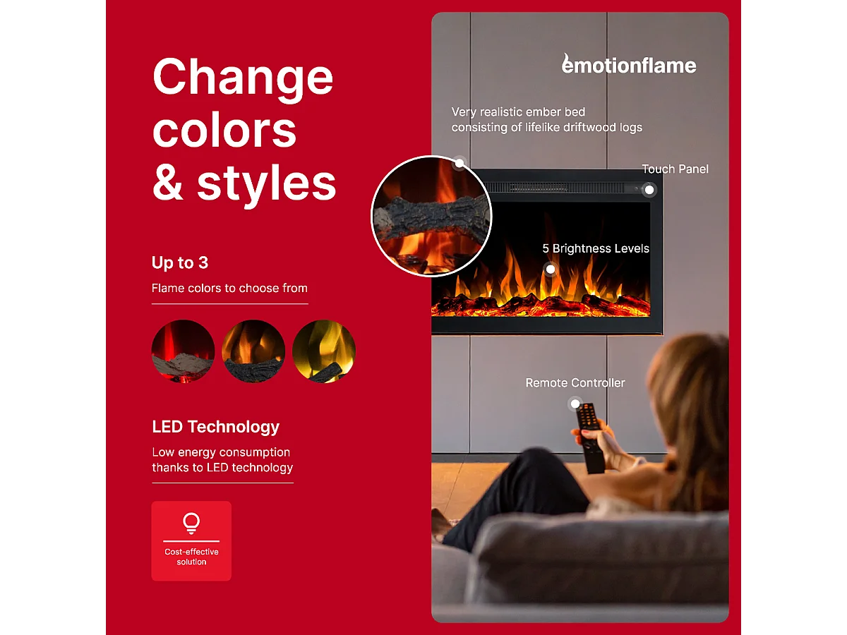 Inserto elettrico INFINITY per camino elettrico - fuoco premium - incassato - 71x14x50 cm - camino LED con riscaldamento 750/1500 W