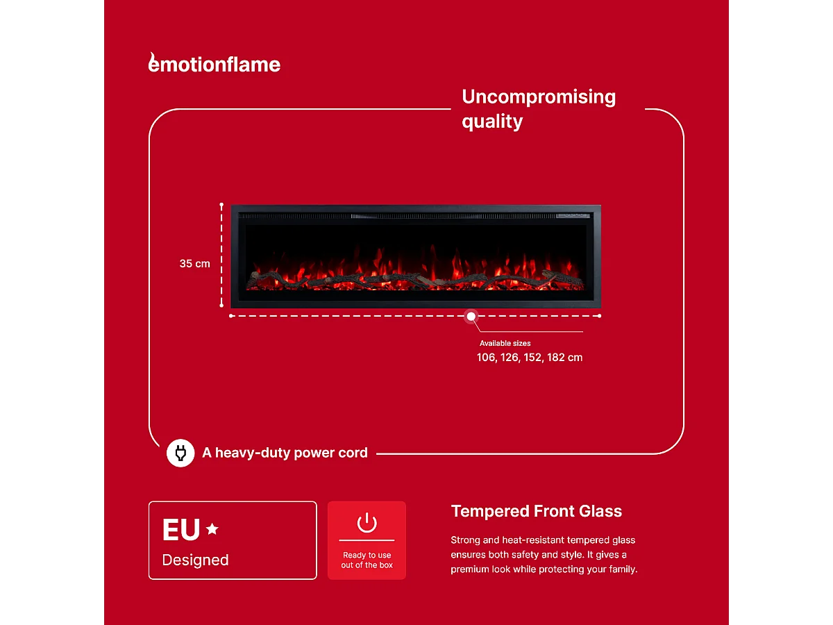 Kominek elektryczny REGAL 126 - ogień premium - na ścianę i do zabudowy - 126x35x12 cm - kominek LED z grzaniem 900/1800 W