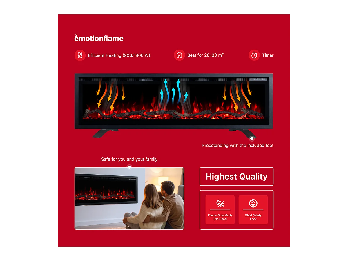 Elektrische haard REGAL 152 - premium vlam - voor wand en inbouw - 152x35x12 cm - LED-haard met verwarming 900/1800 W