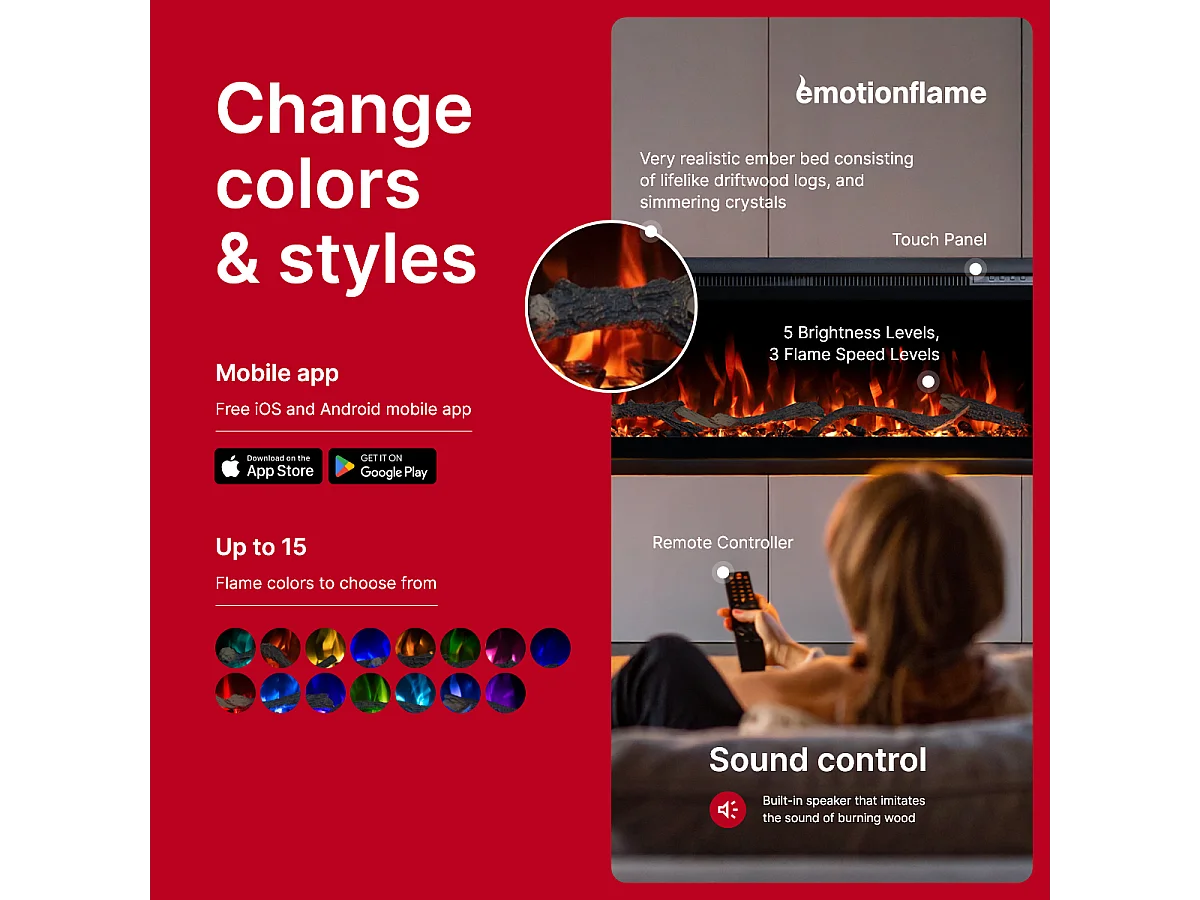 Camino elettrico REGAL 152 - fuoco premium - a parete e incassato - 152x35x12 cm - camino LED decorativo con riscaldamento 900/1800 W