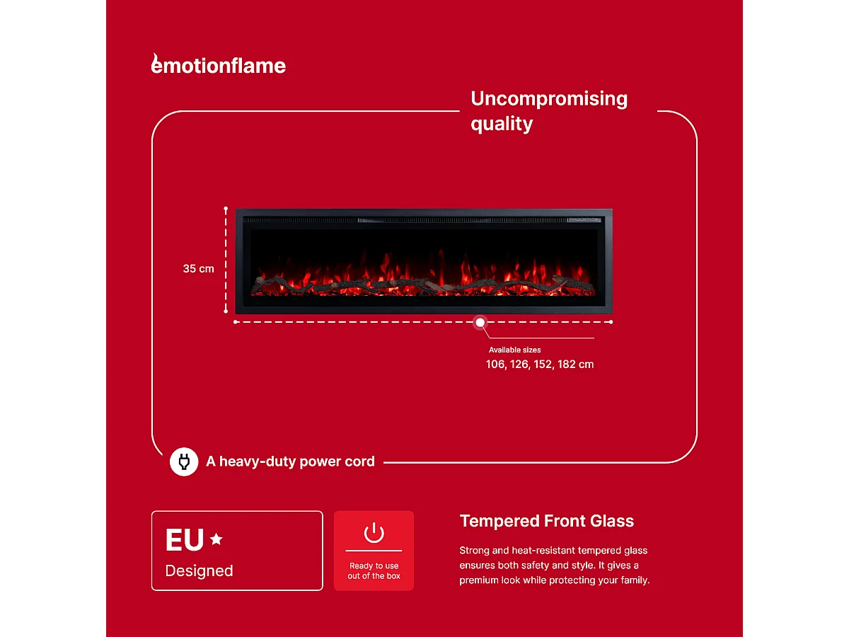 Cheminée électrique REGAL 182 - feu premium - murale et encastrable - 182x35x12 cm - cheminée LED décorative avec chauffage 900/1800 W