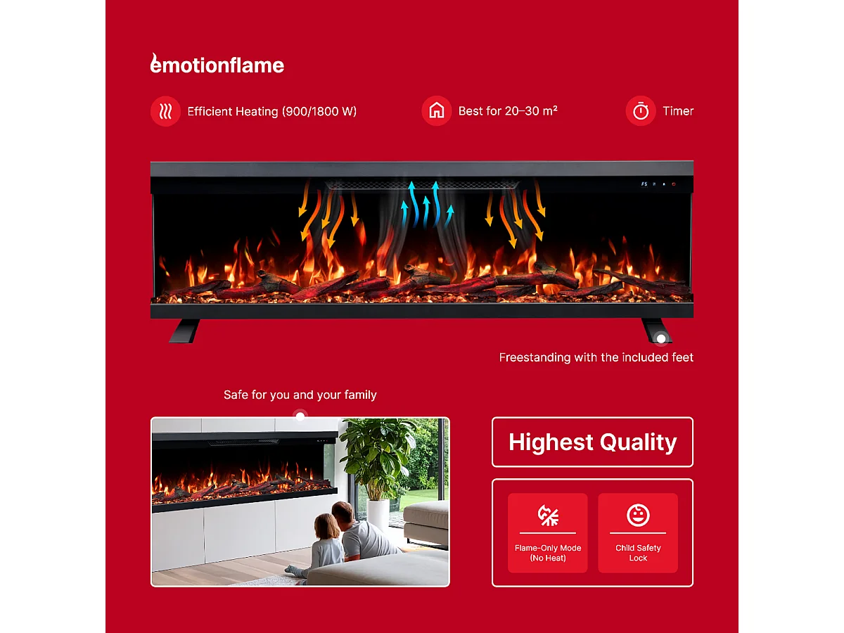 Cheminée électrique à 3 côtés UNITY 107 - feu premium, murale ou encastrable - 107x19x36 cm - cheminée LED - chauffage 900/1800 W